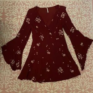 Free People Dress, boho, above knee length, flared sleeve, burgundy-ish/maroon